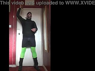 Old crossdresser masturbates with gag in mouth