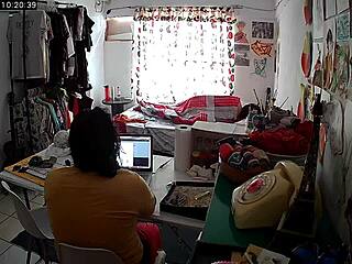 Mature stepfather watches his curvy stepdaughter work from home office
