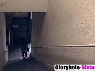 Brie Simone gives a skilled blowjob through a glory hole