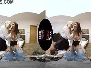 VR sex experience with a brunette milf and her shaved pussy