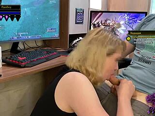 Russian girl gives a sloppy blowjob to her boyfriend's World of Warcraft friend