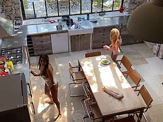 Anissa Kate, Megane Lopez, and Angel Emily swallow Mike Angelo's cum after triple blowjob, their big tits bouncing in threesome