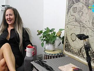 Unseen interview with porn star showing her shaved pussy.