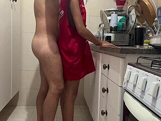 Two men have sex with a skinny woman in her kitchen