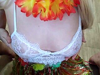 Angel's sensual licking and drooling at the Hawaiian party