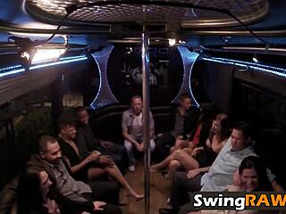 brunette babe UNDRESSES in swingers group, PANTIES RIPPED during STRIPTEASE.