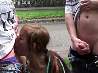 Alexis crystal enjoys public threesome on the street