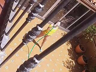 watching my hot neighbor pee on my sexy landlord's wife from the balcony makes me so aroused