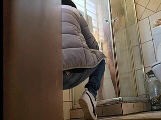 Stepmother’s solo play with a glass dildo in the shower