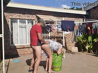 Outdoor fun while taking off the laundry with some wild action.