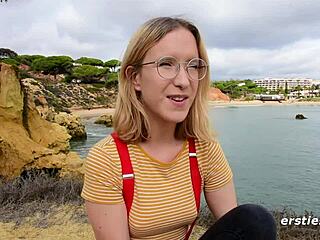 Cute Amelia in glasses and stockings masturbates with toy