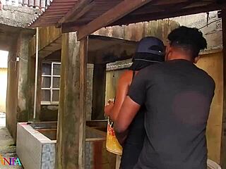 Ebony teen with big tits gives wet blowjob action