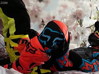 Gay biker treads boots in motocross costume?