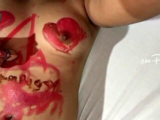 amateur asian girl paints naked body with lipstick