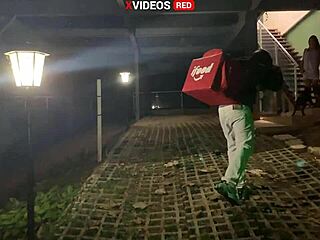 Young vixen gets pizza delivery guy in solo act