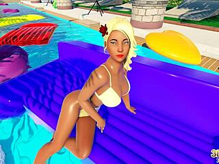 Blonde shemale interacts with redhead by the pool