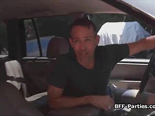 Three sluts at car wash party ready for foursome sex?