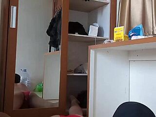 Gay boy in red underwear and mask, enjoys anal sex