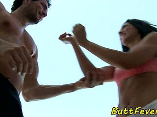 euro babe rides lover's cock outside