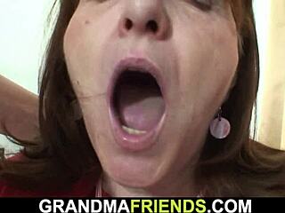 Granny gets office threesome with hairy mature women