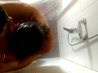 Shower Action Captured from Ceiling with Fierce Cum in Mouth