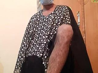 Big cock amateur gay masturbates in wife’s silk gown