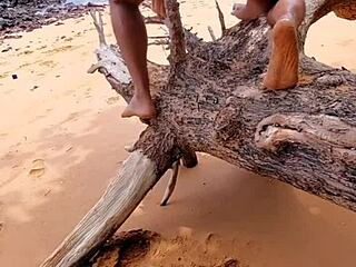 Sexy shemale gets public anal sex on the beach