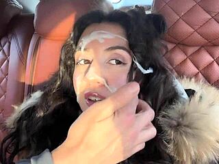 Outdoor sex in the car and metro with cum on face