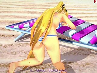 Marie Rose in bikini sucking on the beach