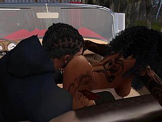 black man fucks black woman with big cock oral and cumshot at drive-in theater in cartoon