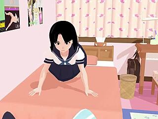 Asian schoolgirl Mia in sailor uniform, alone in room