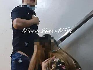 Teen sex caught almost in public mall fire exit with sneaky outdoor action.