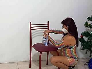 Christmas dildo action with a hot MILF and squirting orgasm