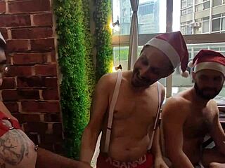 Secret Friend Bareback Gangbang with Santa and Big Cock Action
