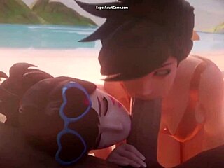 Dva and Tracer face massive cocks in 3D game