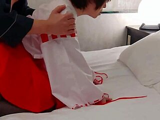 Cute Japanese miko in miniskirt gets her pussy licked wild.