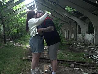 Femdom action in public: hot brunette dominates fat man
