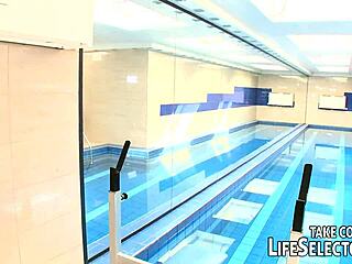 Hot brunettes dance in gym, gaping on sofa, pov facial with big tits