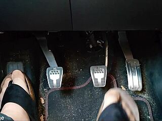 Close Up Of Chubby Nylon Feet With Toe Separators In Car