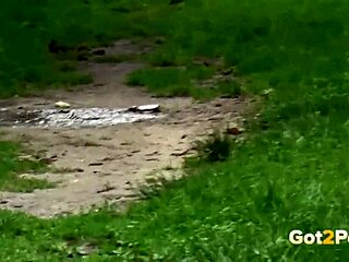 Hot brunette susan ayn relieves piss desperation outdoors