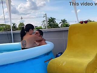 My busty stepmom masturbates beside me and takes my cock outdoors