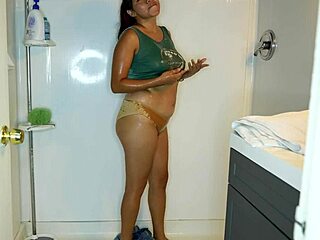 Latina wets her panties, strips, and showers for fun