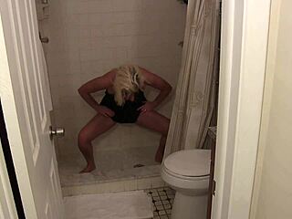 Kinky milf shows off her pretty shaved pussy in heels with dirty talk and natural tits peeing