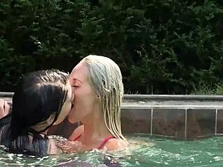 i’m obsessed with these playful lesbian teens licking each other by the pool!