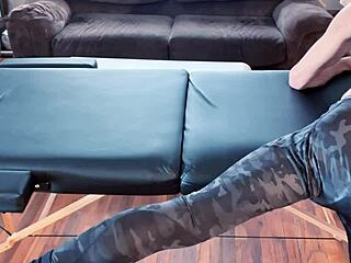 Stretching in compression pants on the massage table hd