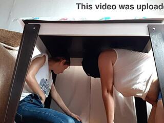 Lesbian Girls Hide Under Table To Masturbate From Stepparents. They Reach Intense Orgasms Together.