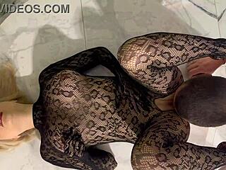 BLONDE TATTOOED SLUT SUCKS AND FUCKS IN FISHNETS