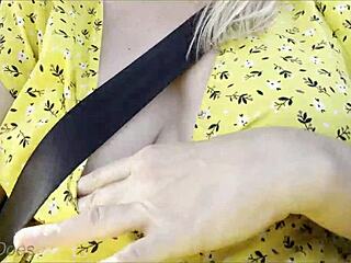 Wifey loves showing off her perfect tits in the car during public drives.