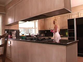 blonde milf explores big tits bondage fantasy in kitchen