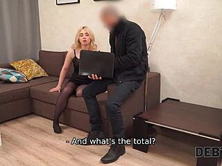 Debt4k shows curly blonde getting pounded by debt collector for cash. she takes it rough in pantyhose!